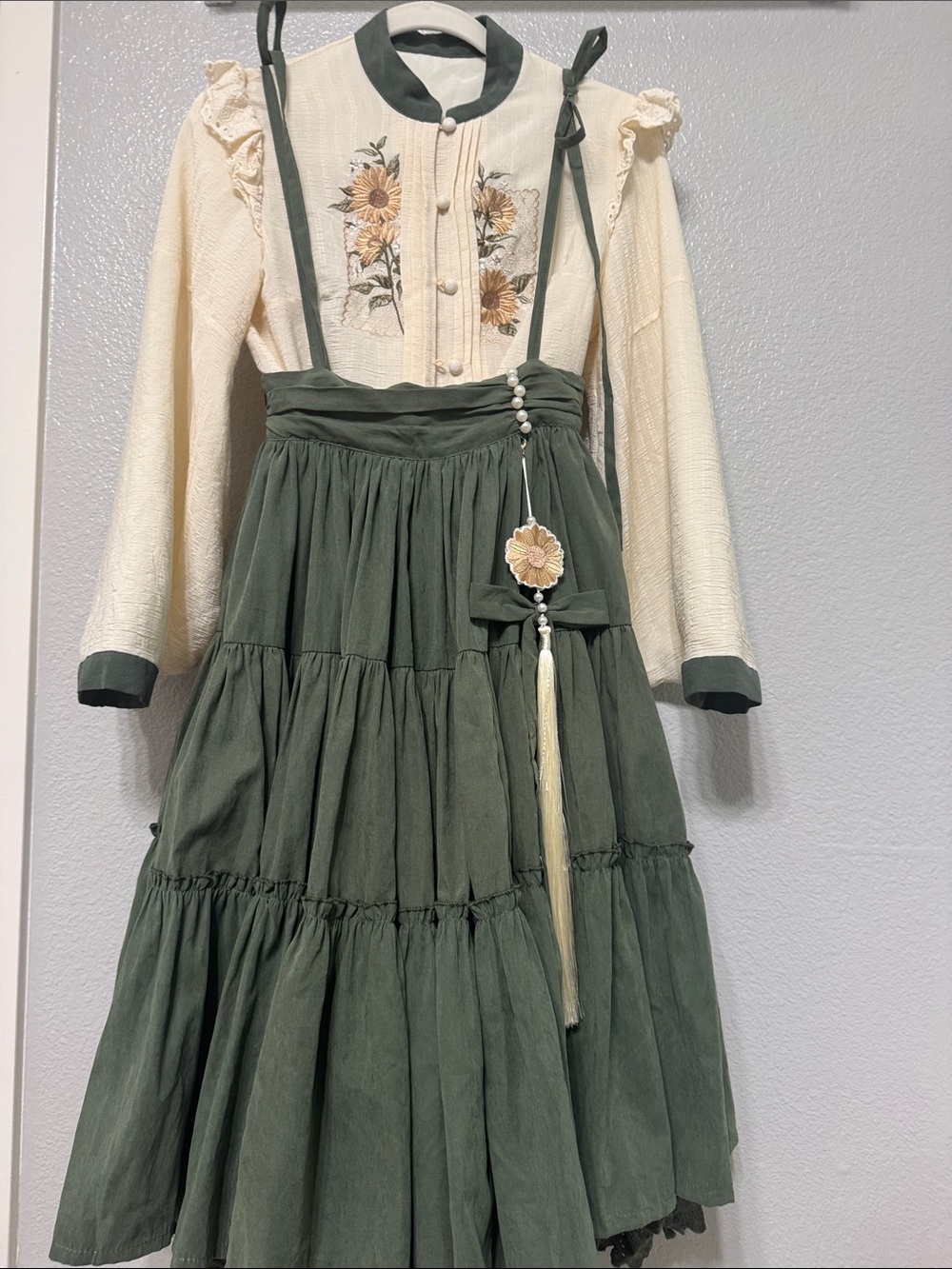 Cream & Olive Floral Embroidered Long Sleeve Dress with Suspender Skirt - Picture 1 of 16